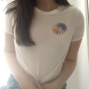 White short sleeve rocket ship printed decal top